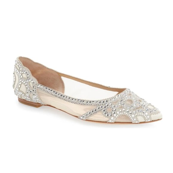 Badgley Mischka Gigi Cream Satin Pointed Toe Crystal Flats - Picture 1 of 8